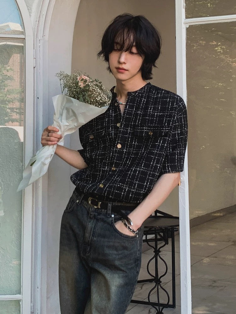 Fragrant breeze textured grid check short sleeve shirt