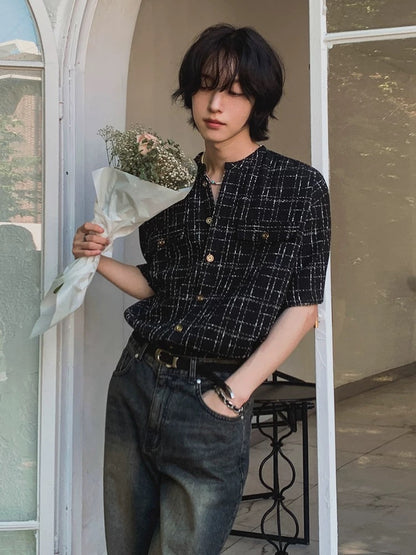 Fragrant breeze textured grid check short sleeve shirt