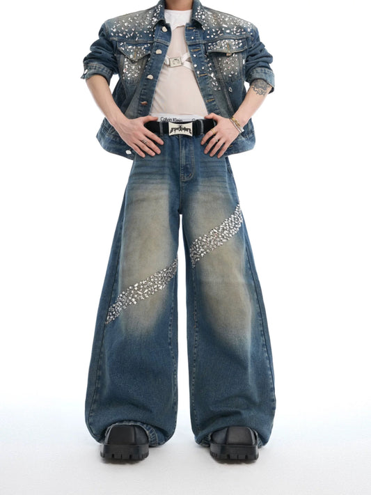 Sparkling diamond pad denim setup pants