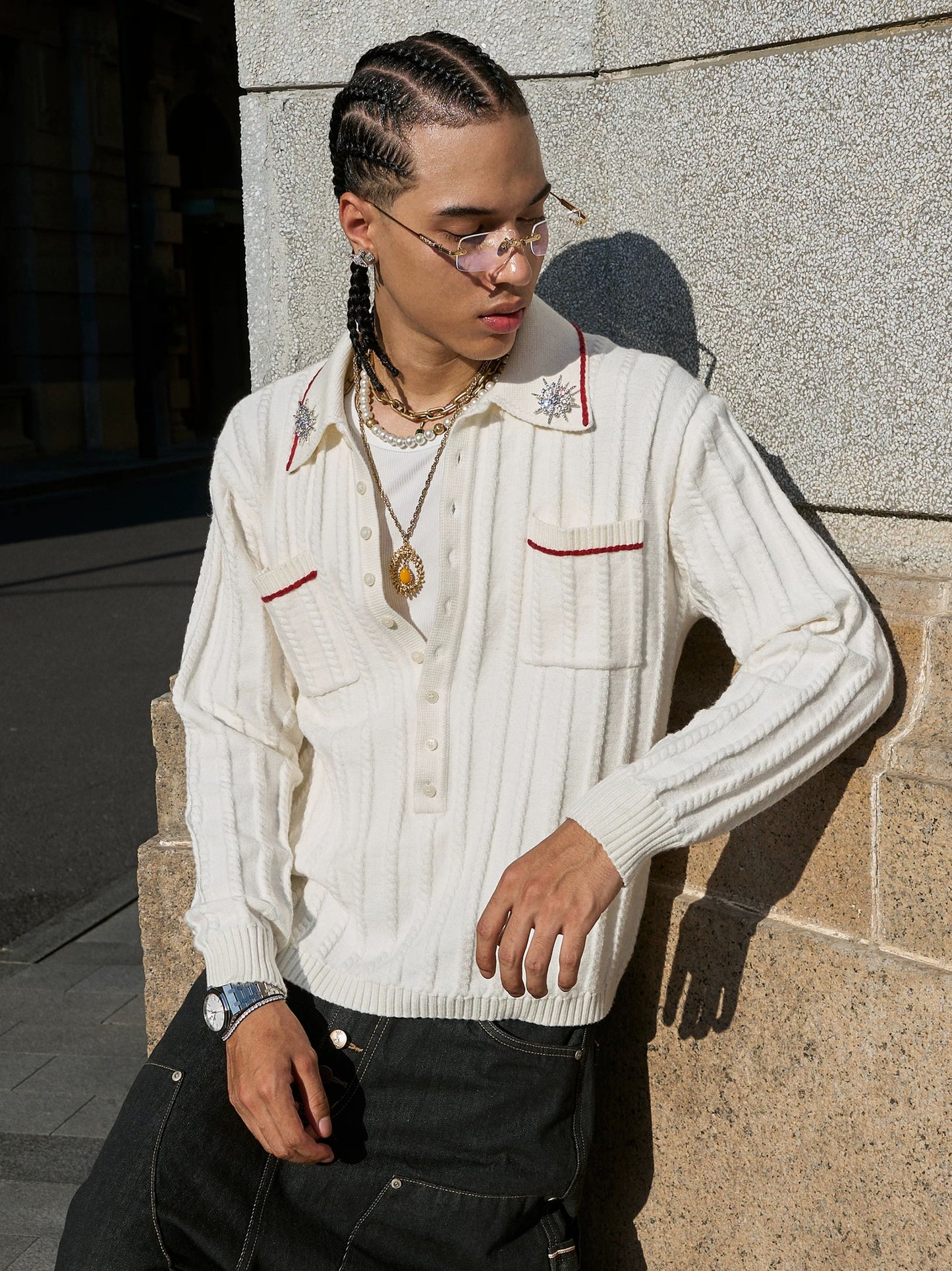 White shiny twisted deep knit long sleeve sweater