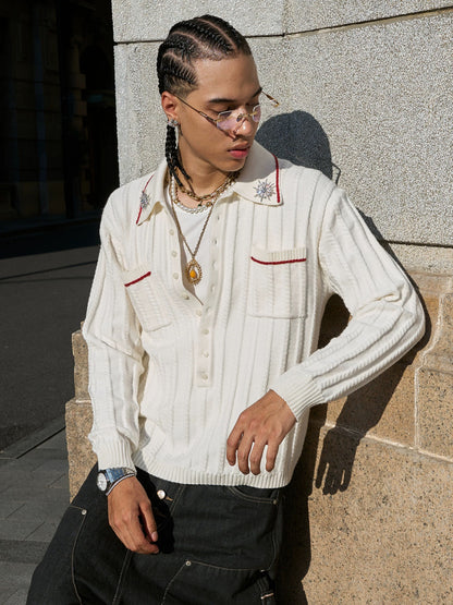 White shiny twisted deep knit long sleeve sweater