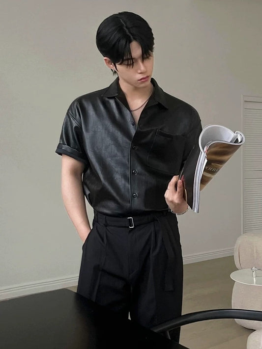 Premium sensory korean leather short sleeve jacket