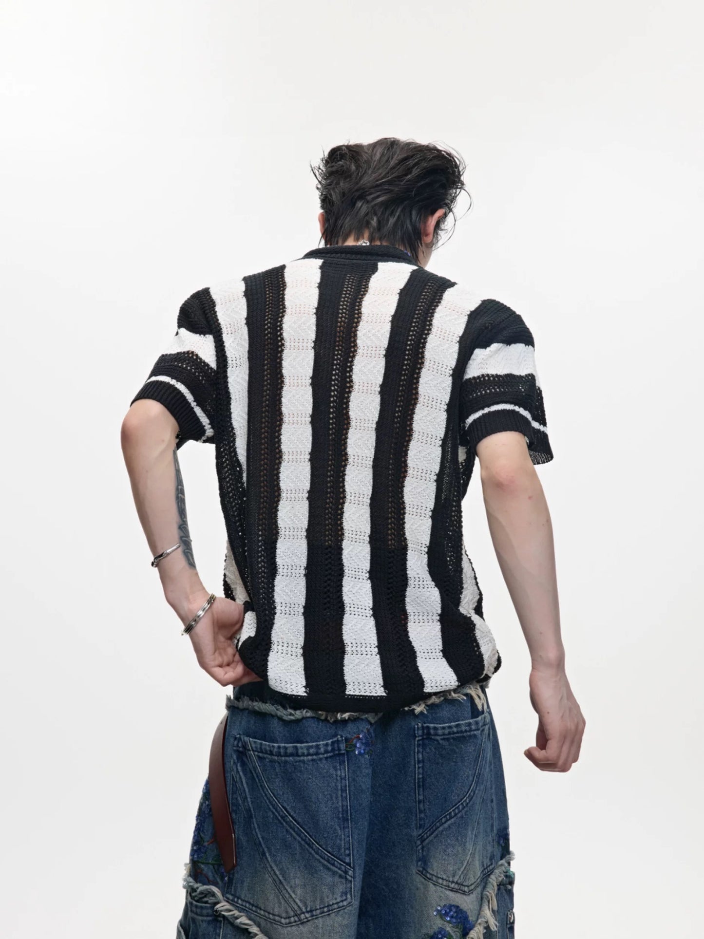 Retro knit cardigan striped collar t-shirt