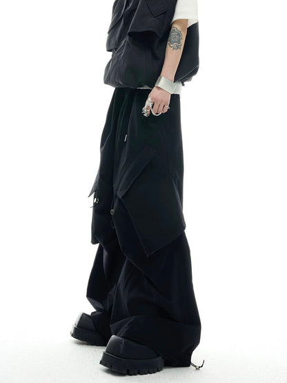 Irregular drawstring multi pocket work style setup pants
