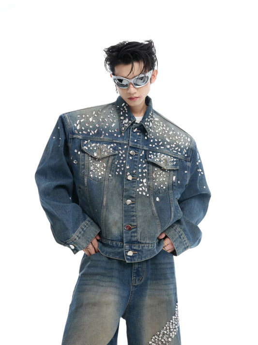 Sparkling diamond pad denim setup jacket