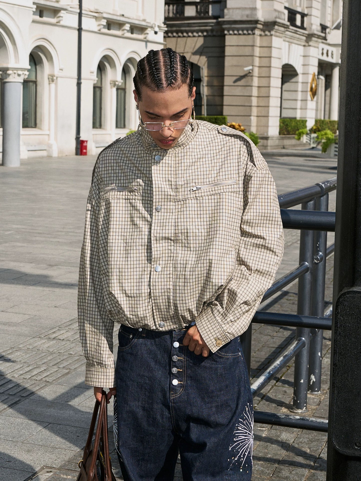 Urban grid pattern structured plaid jacket