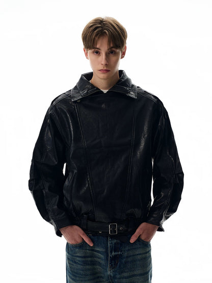 Geometric asymmetrical leather jacket