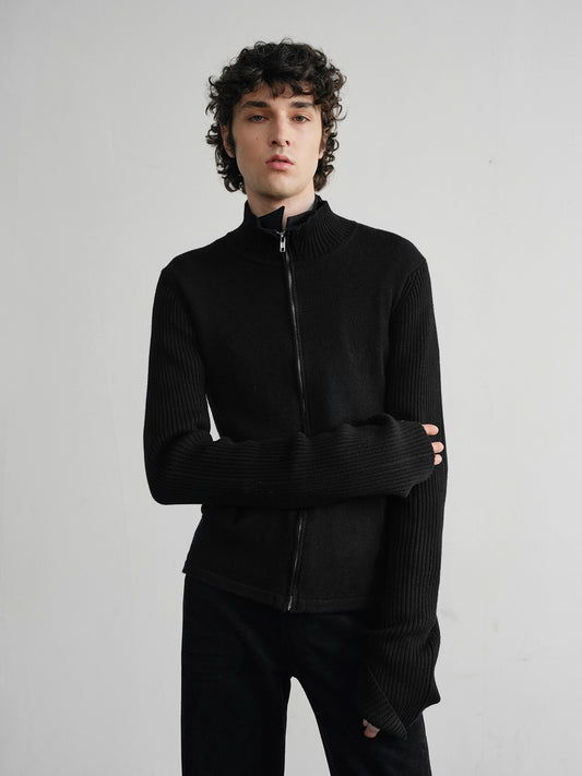 Merino wool high collar long sleeve zip sweater