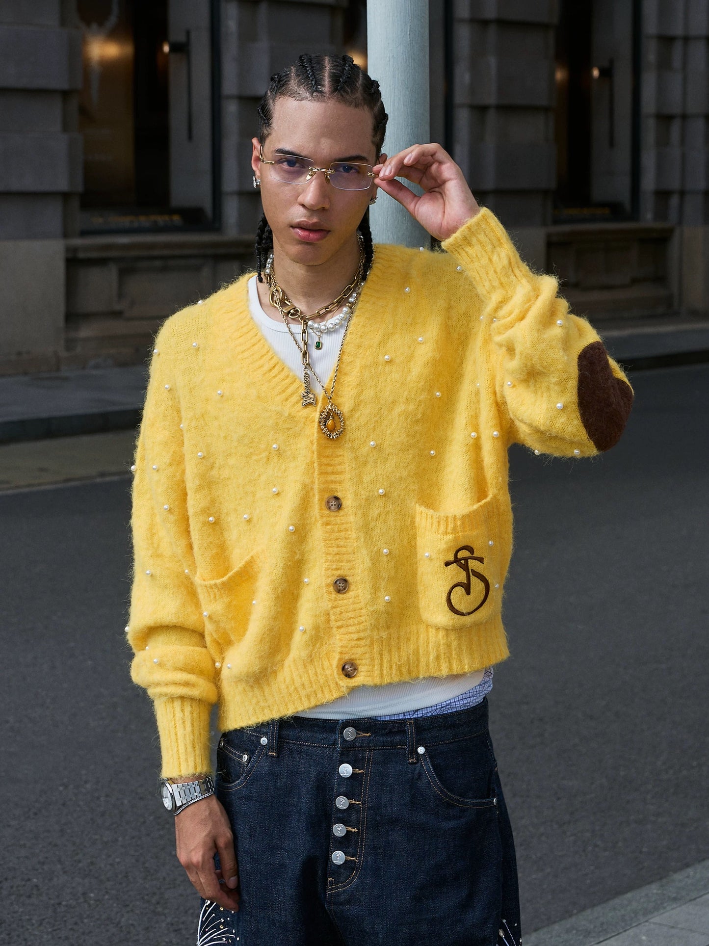 Dopamine lazy pearl short wide soft knit cardigan