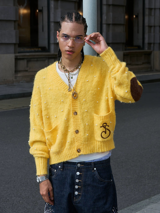 Dopamine lazy pearl short wide soft knit cardigan