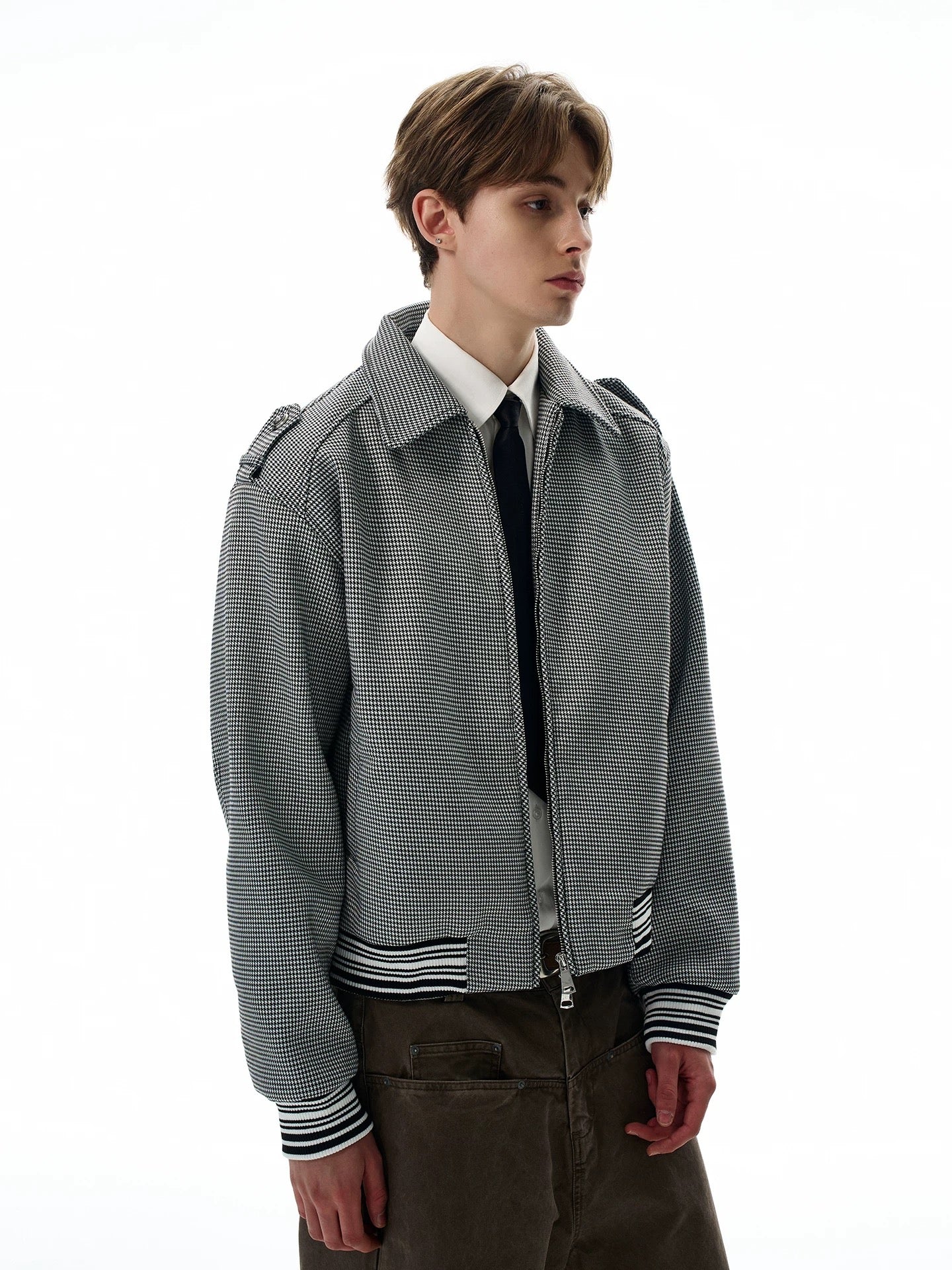 Houndstooth pattern cropped bomber jacket