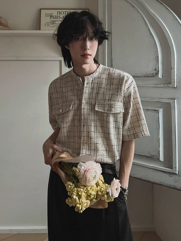 Fragrant breeze textured grid check short sleeve shirt