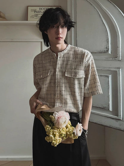 Fragrant breeze textured grid check short sleeve shirt