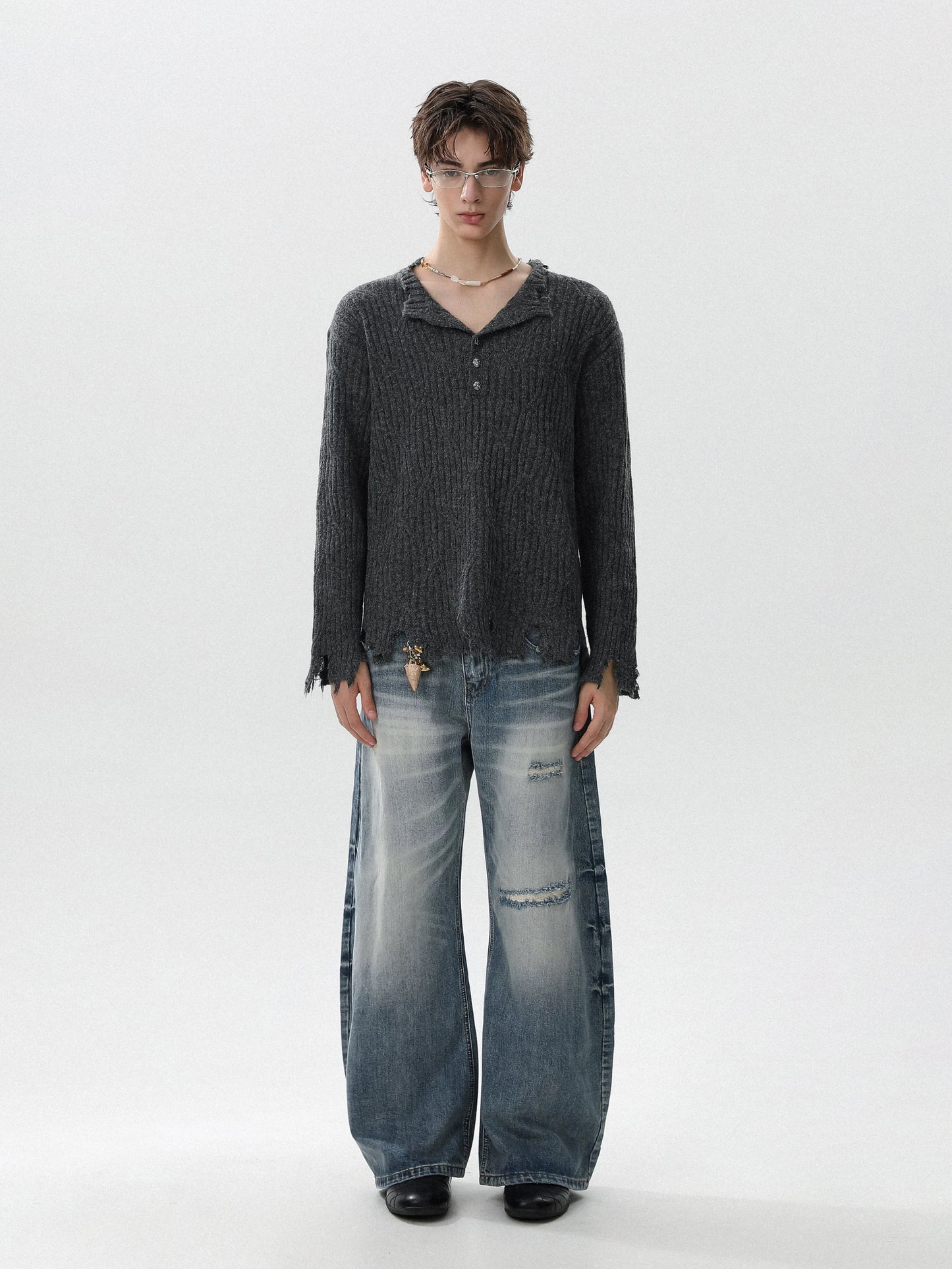 Ruined texture nocturne distressed henley knit