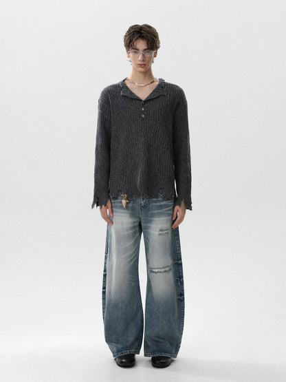 Ruined texture nocturne distressed henley knit