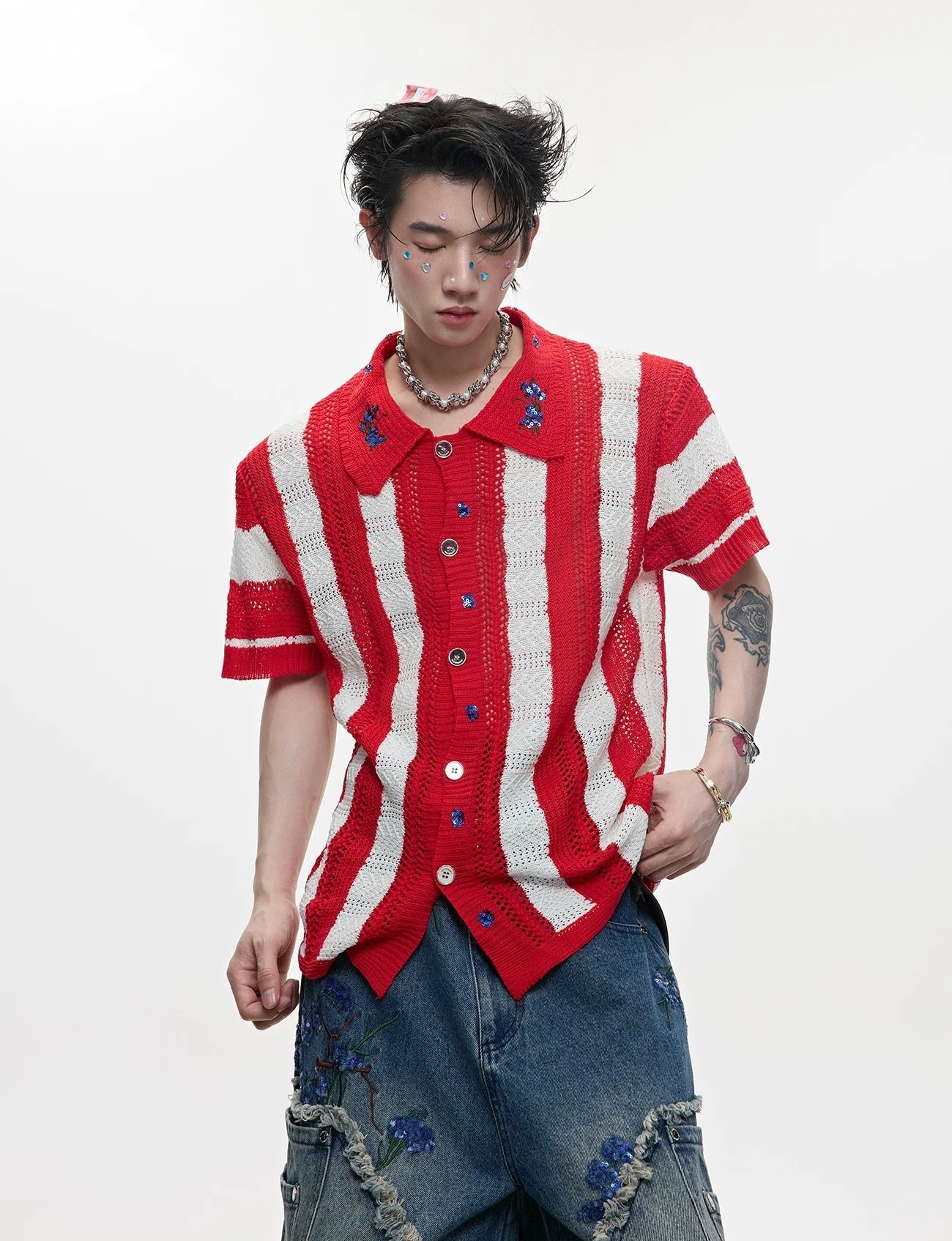 Retro knit cardigan striped collar t-shirt