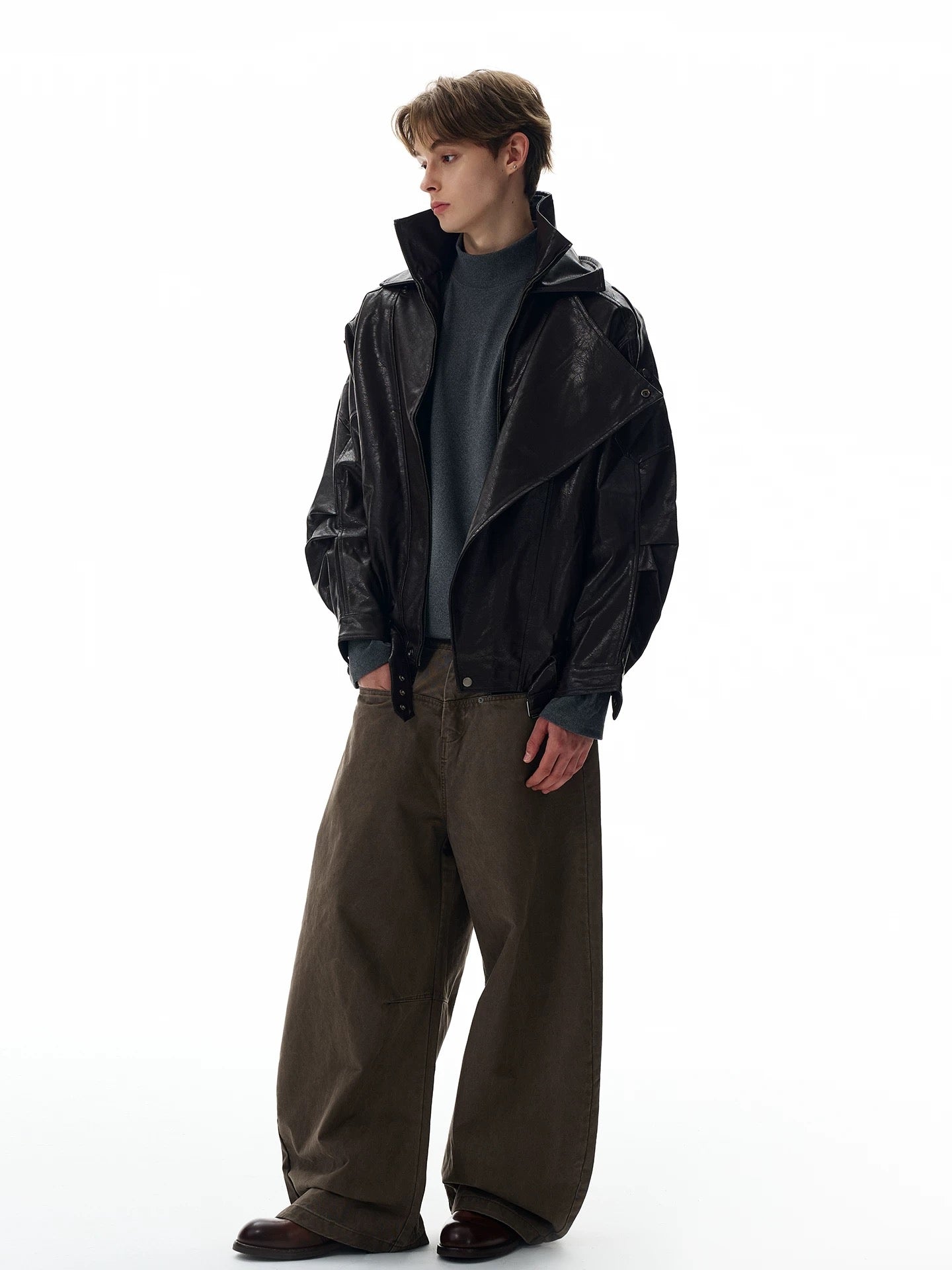 Geometric asymmetrical leather jacket