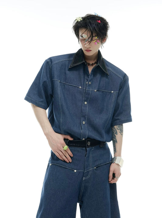Snake pattern seamless denim setup short sleeve jacket