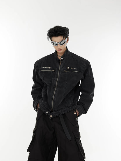 Vintage metallic logo short denim jacket