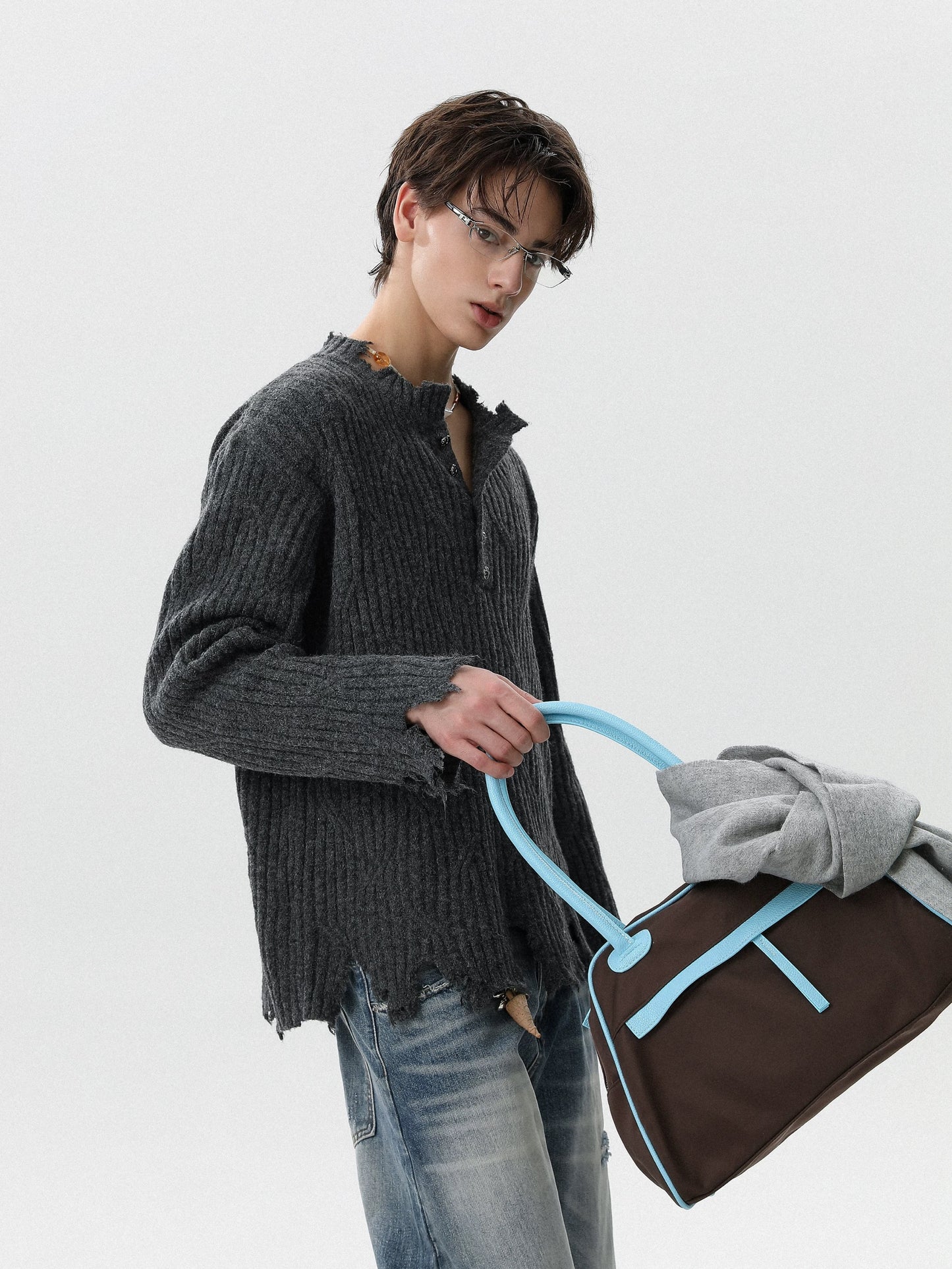 Ruined texture nocturne distressed henley knit