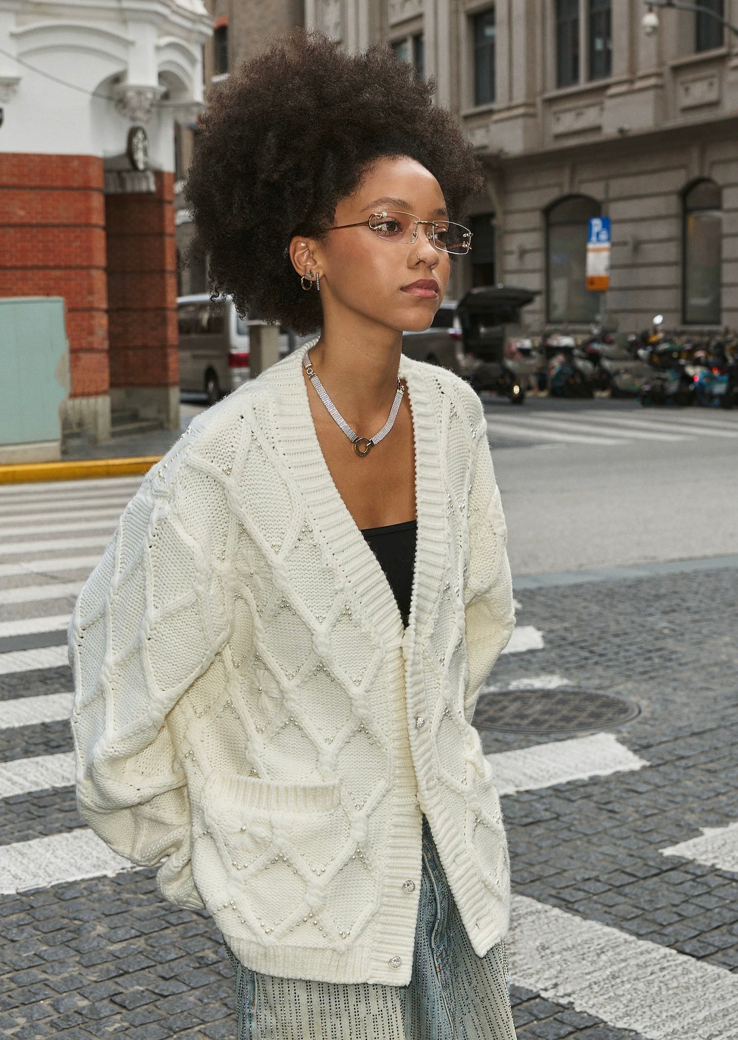 Pearl beach wool blend loose knit cardigan