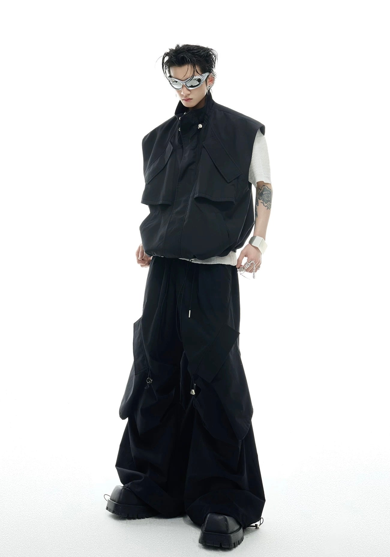 Irregular drawstring multi pocket work style setup vest