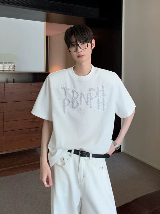Trendy pearl letter vogue short sleeve t-shirt