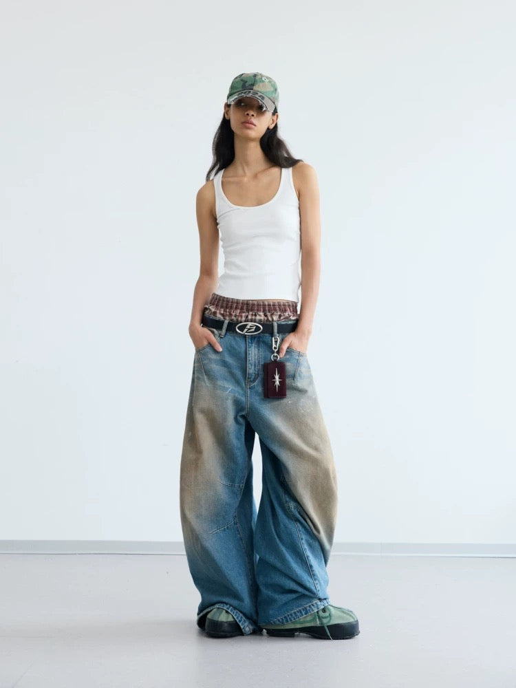 Yellow mud dyeed curved knife wide denim pants