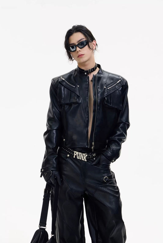 Metal zipper short motorcycle classic leather jacket