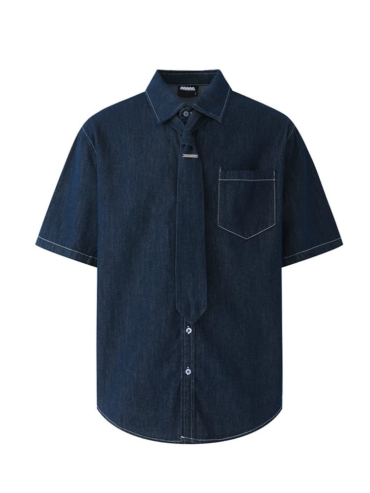 Modern Korean style denim tie short sleeve shirt
