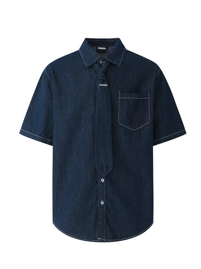 Modern Korean style denim tie short sleeve shirt