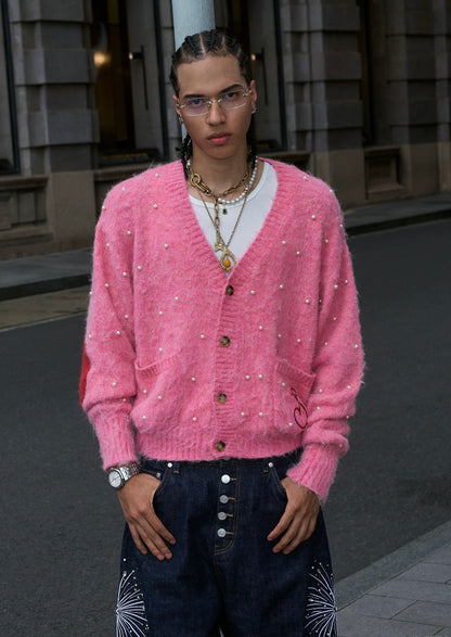 Dopamine lazy pearl short wide soft knit cardigan