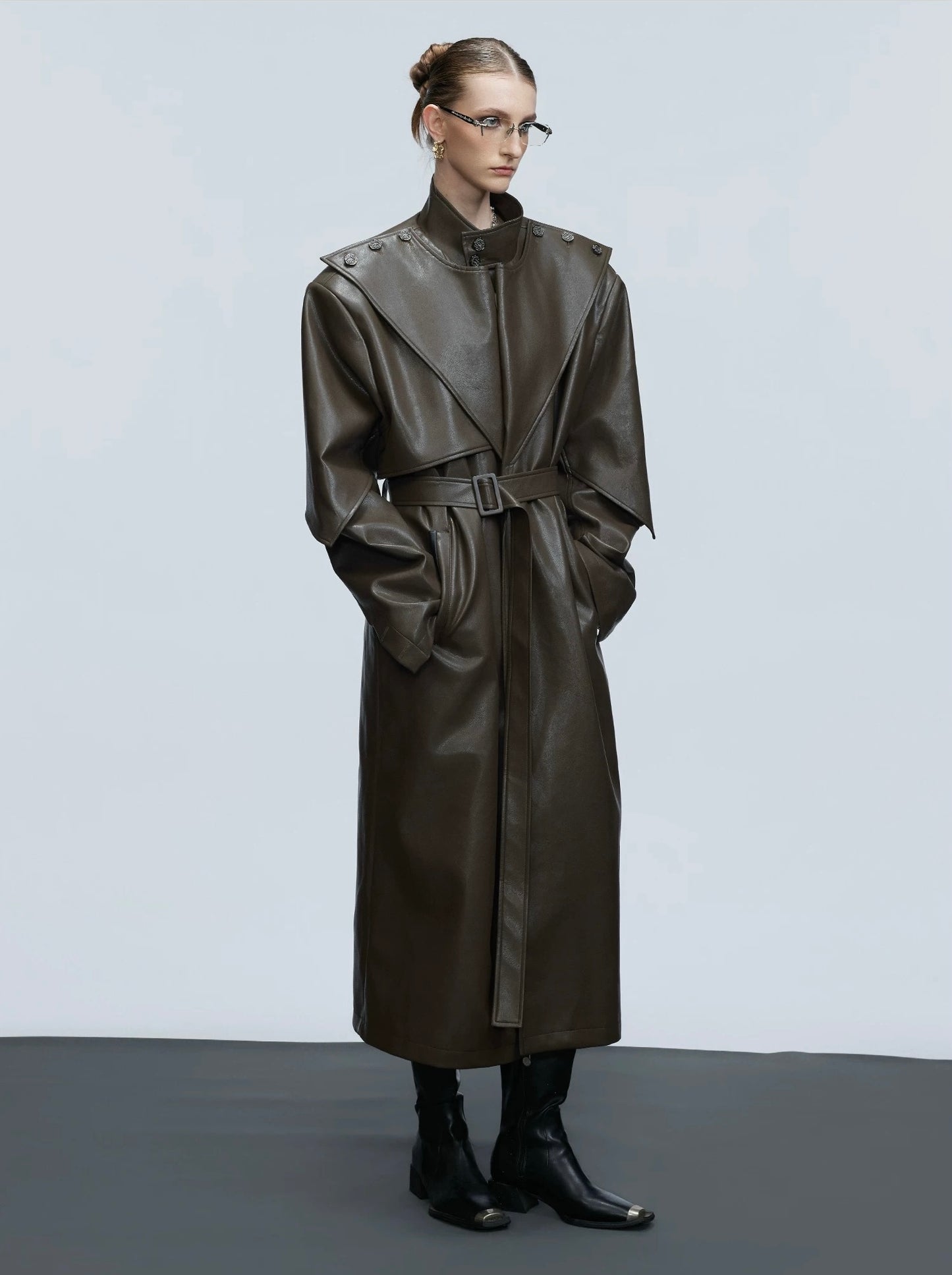 Cyber structured armored high stand collar leather coat