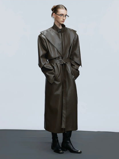 Cyber structured armored high stand collar leather coat