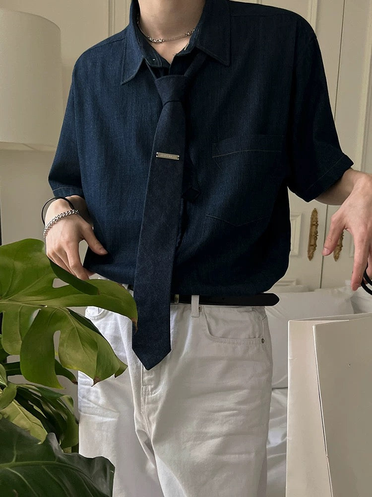 Modern Korean style denim tie short sleeve shirt