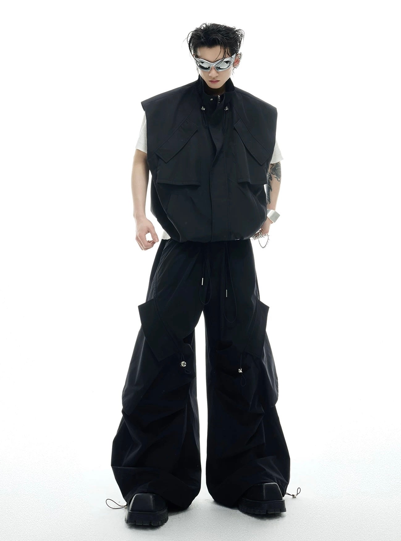 Irregular drawstring multi pocket work style setup vest