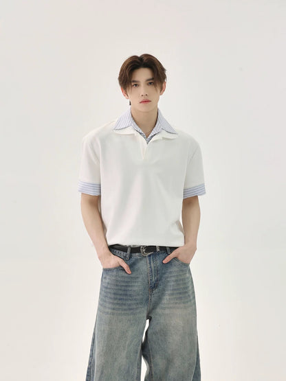 Stitching striped versatile polo shirt