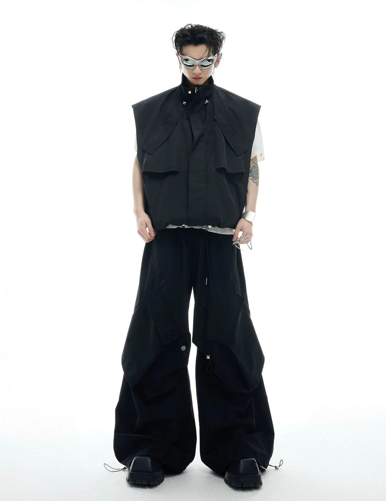 Irregular drawstring multi pocket work style setup pants