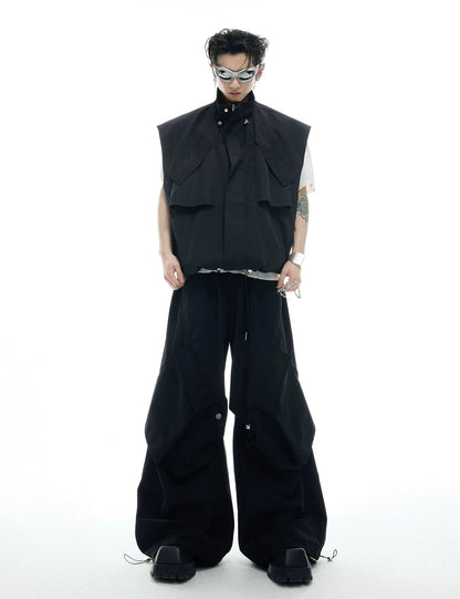 Irregular drawstring multi pocket work style setup pants