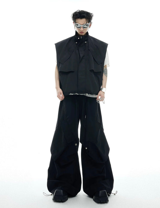 Irregular drawstring multi pocket work style setup vest