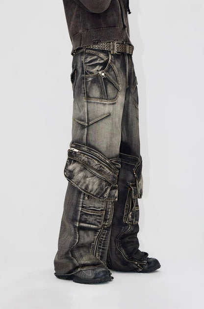 Spiny structure thorn zippered pockets denim pants
