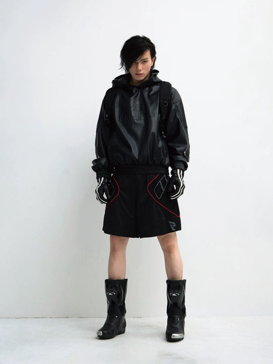 Profile 3D embossed PU leather black hooded jacket