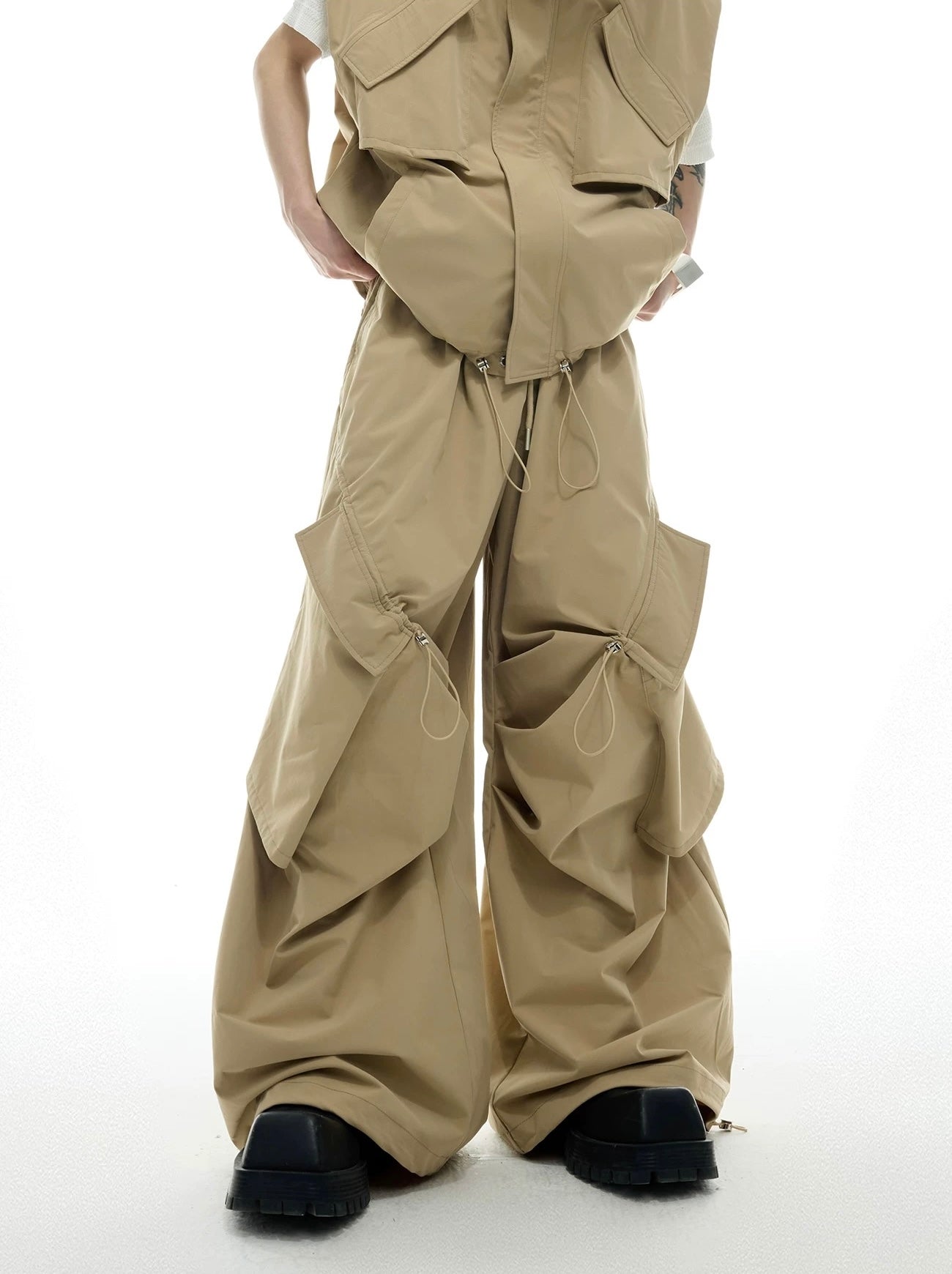 Irregular drawstring multi pocket work style setup pants
