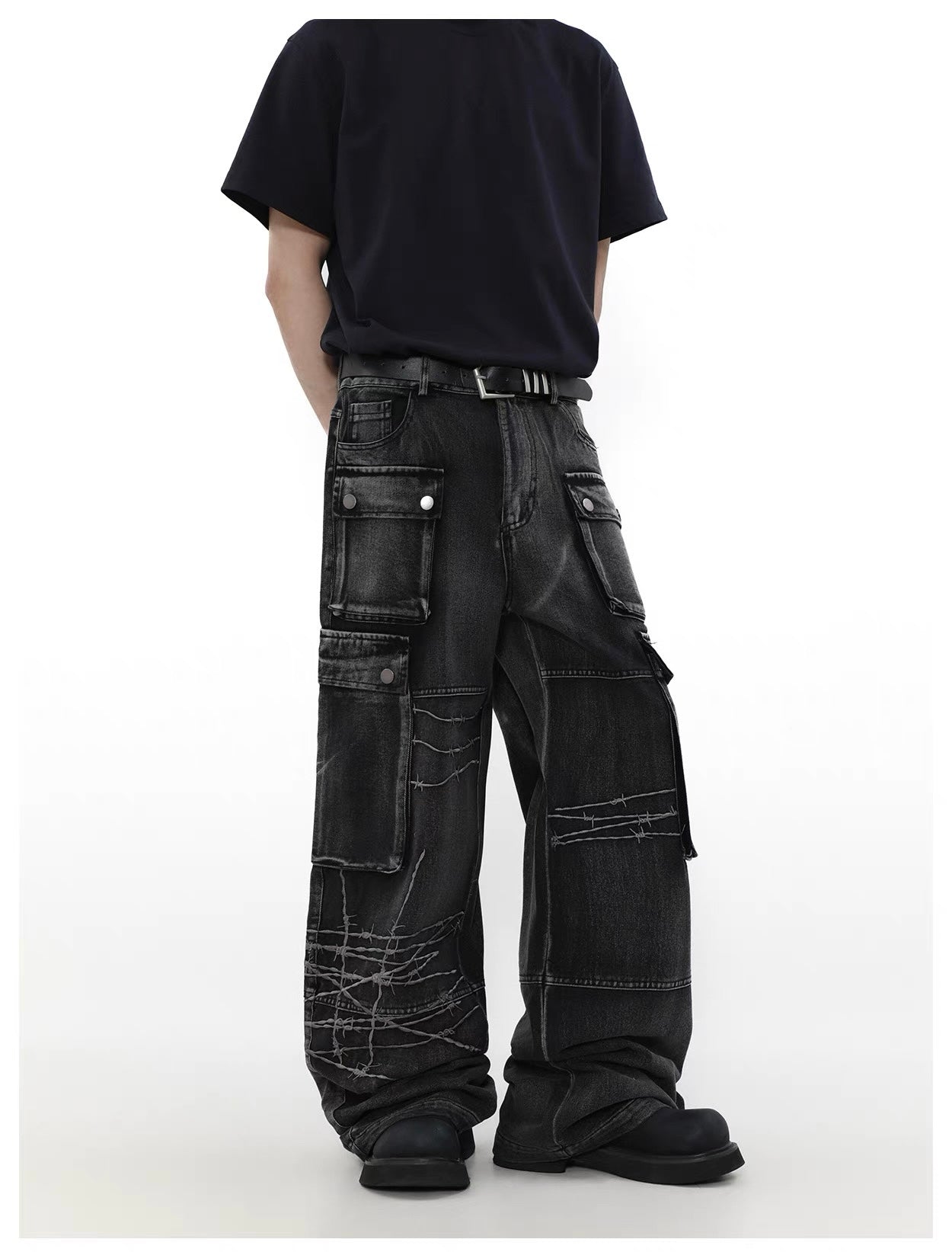 Multi pocket wide denim pants