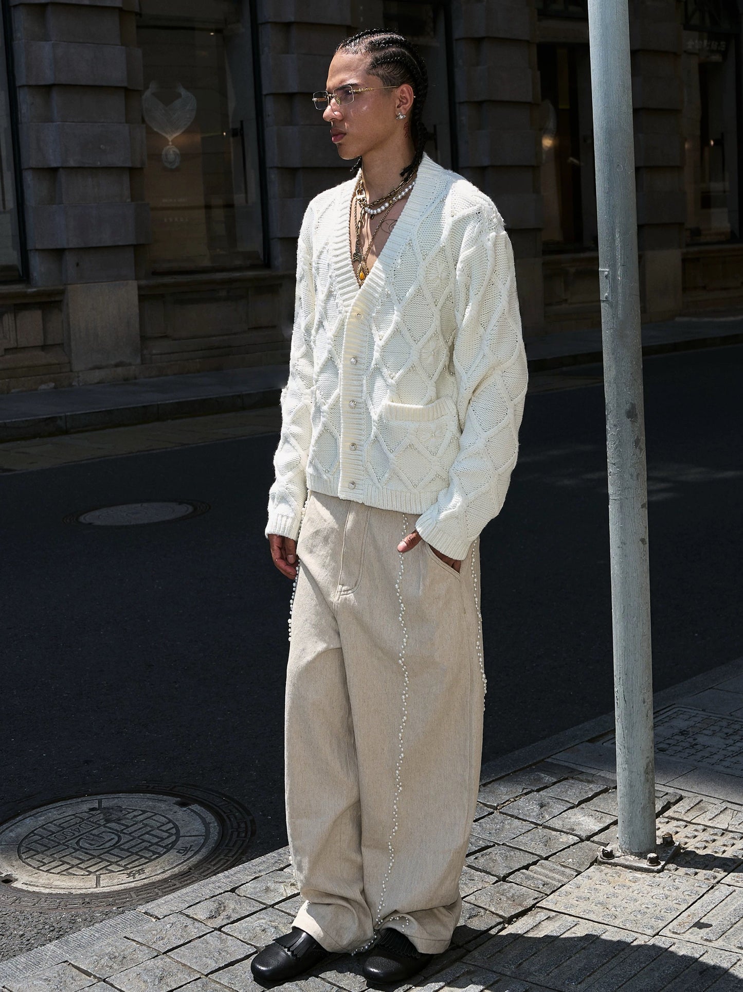 Cotton hemp blended pearl nail loose baggy pants