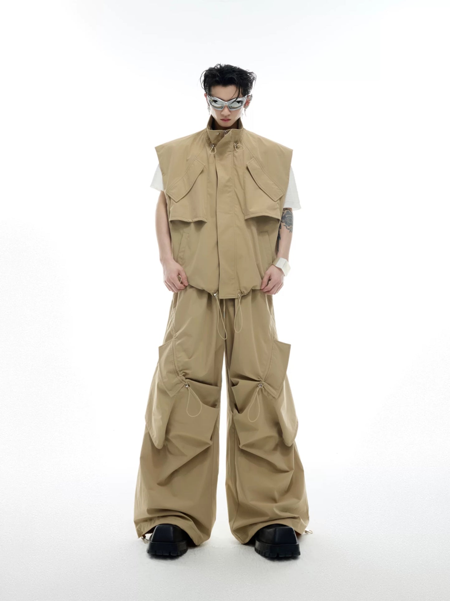 Irregular drawstring multi pocket work style setup pants