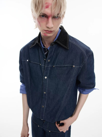Snake pattern seamless denim setup short sleeve jacket