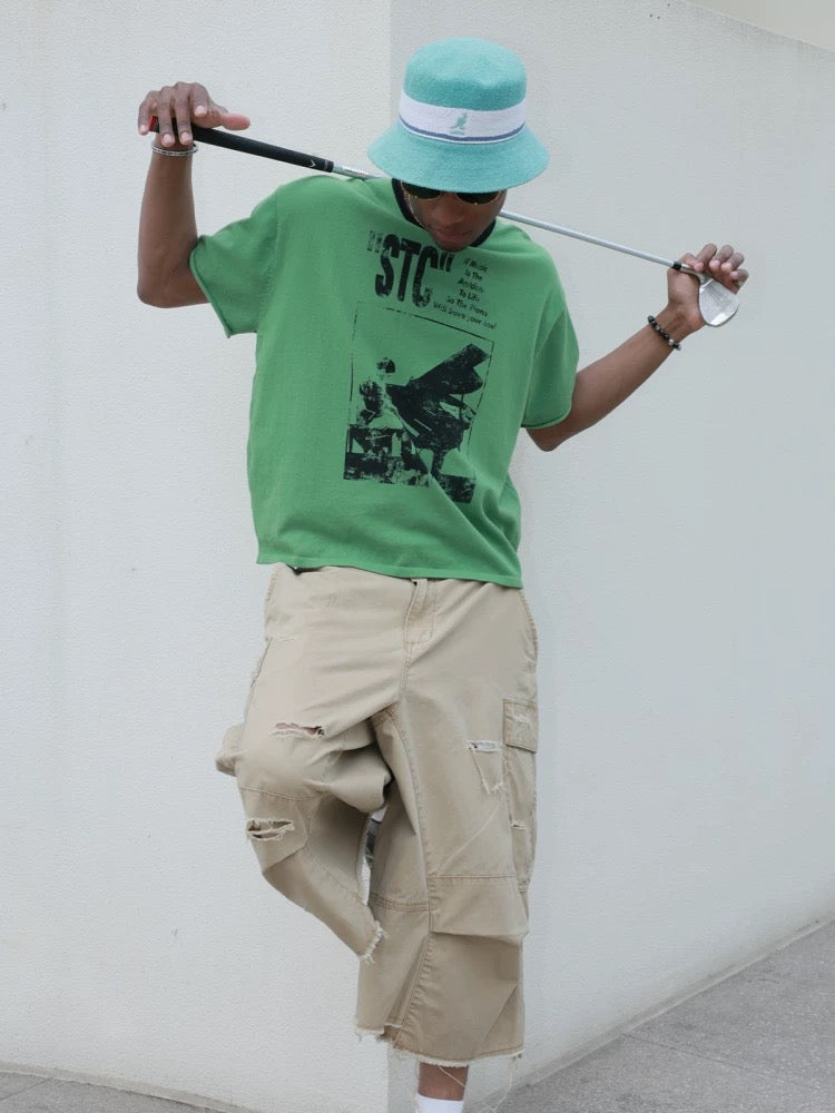 Green organic knitted printed t-shirt