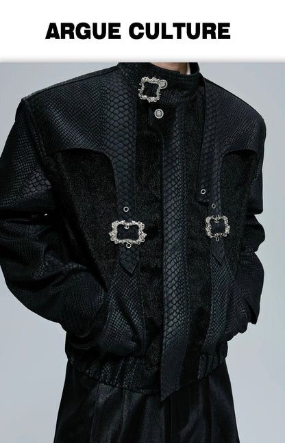Decadent crystalline buckle rigid draping jacket