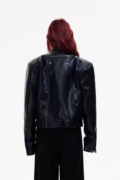 Metal zipper short motorcycle classic leather jacket